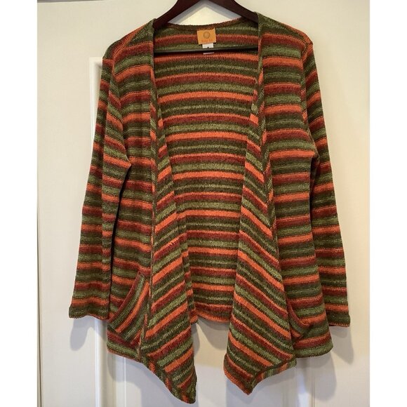 Ruby Rd Cardigan Sweater Size Medium Open Front Orange Green Striped Pockets - Picture 2 of 10